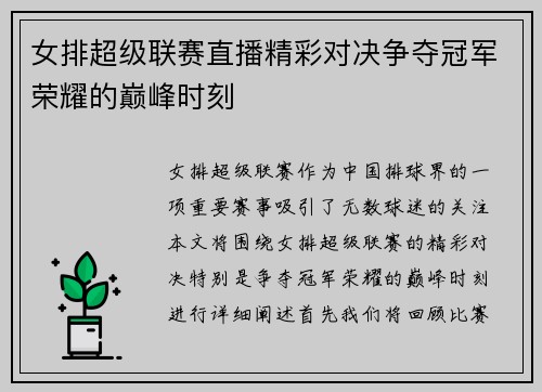 女排超级联赛直播精彩对决争夺冠军荣耀的巅峰时刻