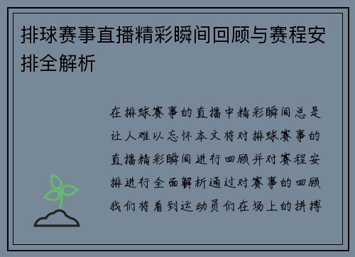 排球赛事直播精彩瞬间回顾与赛程安排全解析